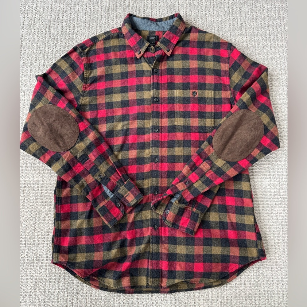 J Crew Plaid Cotton/Wool Shirt with Leather Elbow Patches